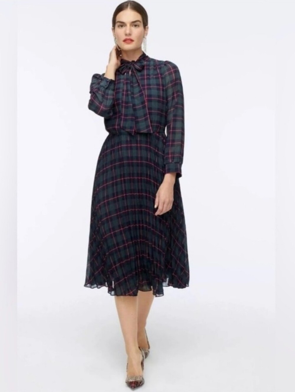 NWT J. Crew Tie-neck pleated A-line dress in Black Watch tartan